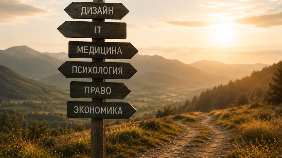 Деревянный указатель с названиями профессий на закате
